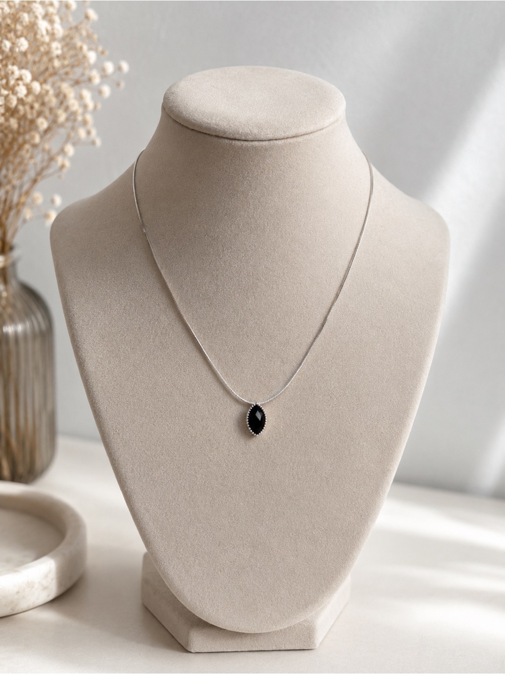Black Stone Necklace Silver Stainless Steel Minimal Pendant Elegant Jewelry Gift - Picture 1 of 4
